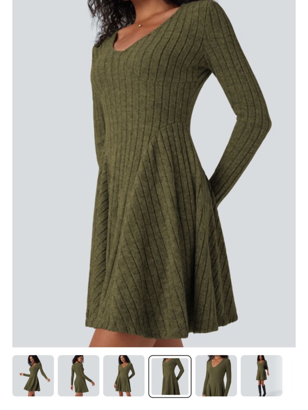 NWT Halara Ribbed Knit V Neck Long Sleeve Flare Mini Dress Moss Green Size S - Picture 8 of 8